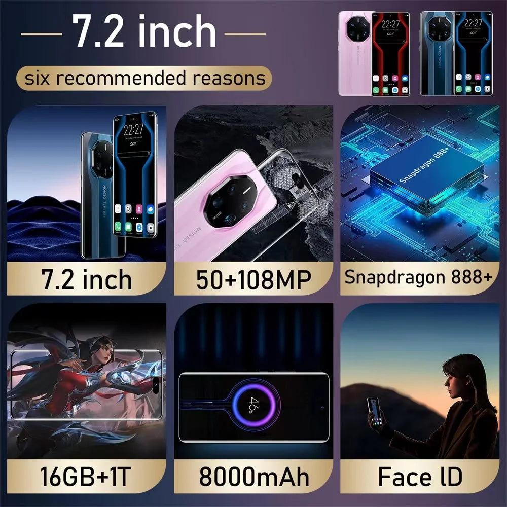 2022 Hot Selling Mate 40 Pro+ Mate 50 12GB+512GB 7.3 Inch Full Display Deca Core CPU Android 10.0 Mobile Cell Smart Phone 3G 4G - Tidesmit