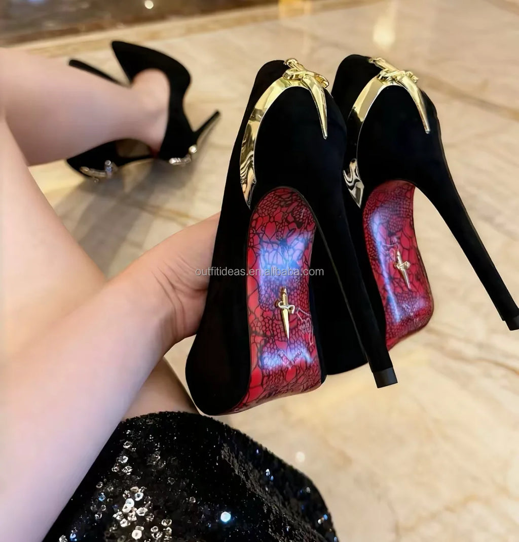 Luxury Leather Heels With Logo Top Quality Design Gold Sharp Dagger Pumps in Black Cesare Paciot High Heels Sharp Dagger Pumps