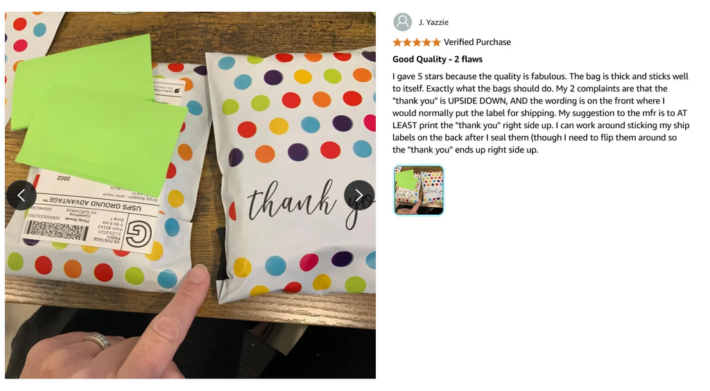 White poly mailer with colorful polka dots, “thank you” text, and sealed opening