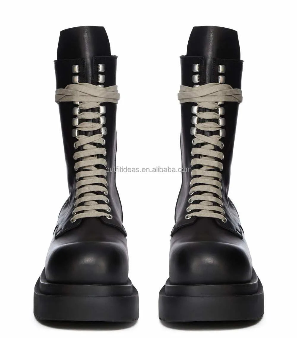 Wraparound Lace-up Unisex Platform Heel H2.5" Dress Shoes Calf Leather Men Ankle Leather Black Chelsea Lace up Bogun Boots