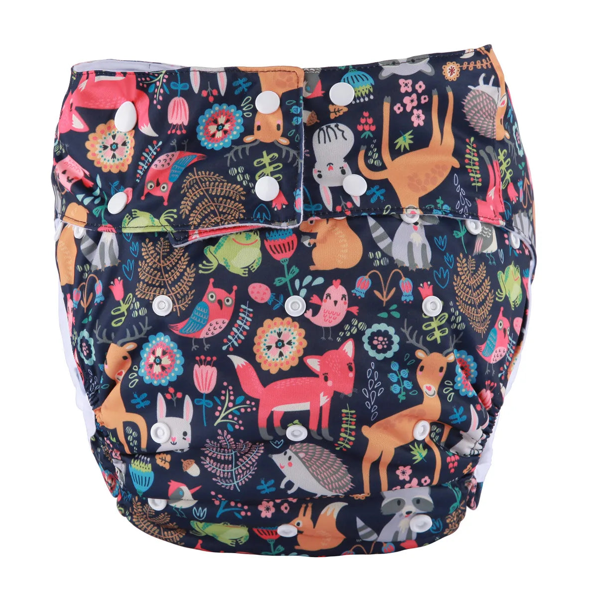Adjustable cloth diaper with navy blue woodland animal and floral print. Eco-friendly reusable baby care diaper.