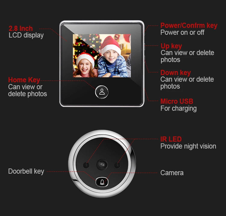 NAIERDI 2.8" LCD Screen Electronic Door Viewer Bell IR Night Door Peephole Camera Photo Recording Digital Camera Smart Viewer