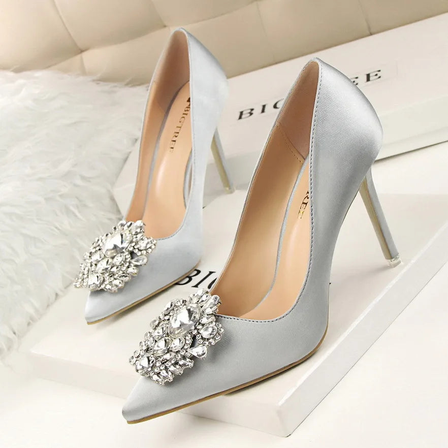 2026 New Water-Crystal Thin Heels Slip-On Solid Women's Sexy High Heel Office Formal Dress Shoes 10cm