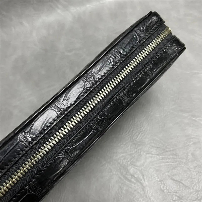 Authentic Crocodile Belly Skin Male Large ZIP Card Purse Genuine Exotic Alligator Leather Businessmen Small Black Clutch Bag
