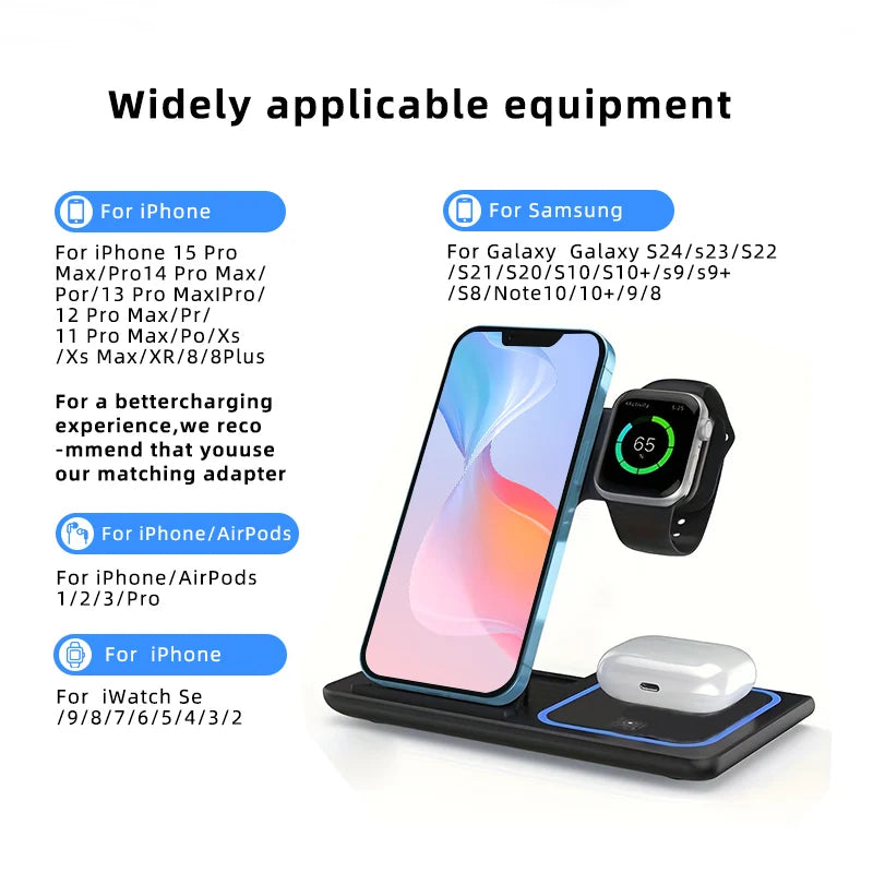 15W Three-in-One Fast Wireless Charger Foldable Desktop Multifunctional with PD Function for Mobile Phone Headset Watch Tidesmit