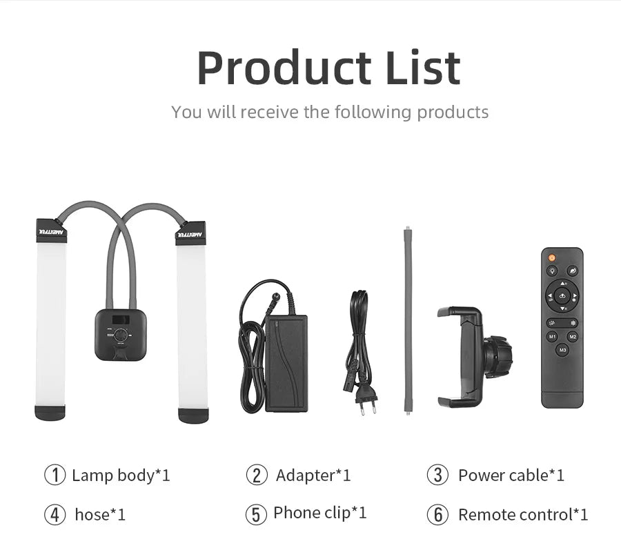 Dual LED light fixture, power adapter, cables, phone mount, and remote control for photography and content creation.