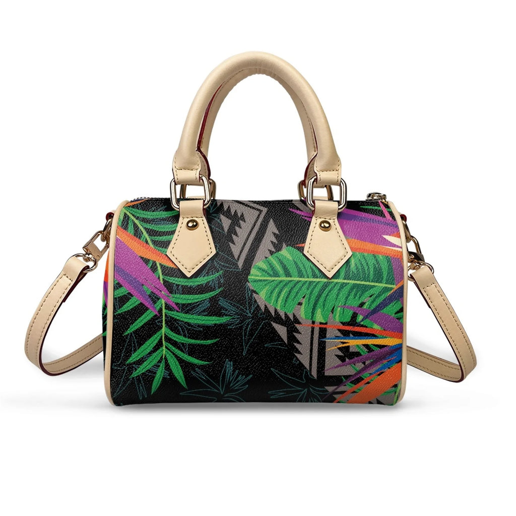 Waterproof PU trunk handbag with colorful tropical plant print, Samoan tribal pattern, and beige leather handles.
