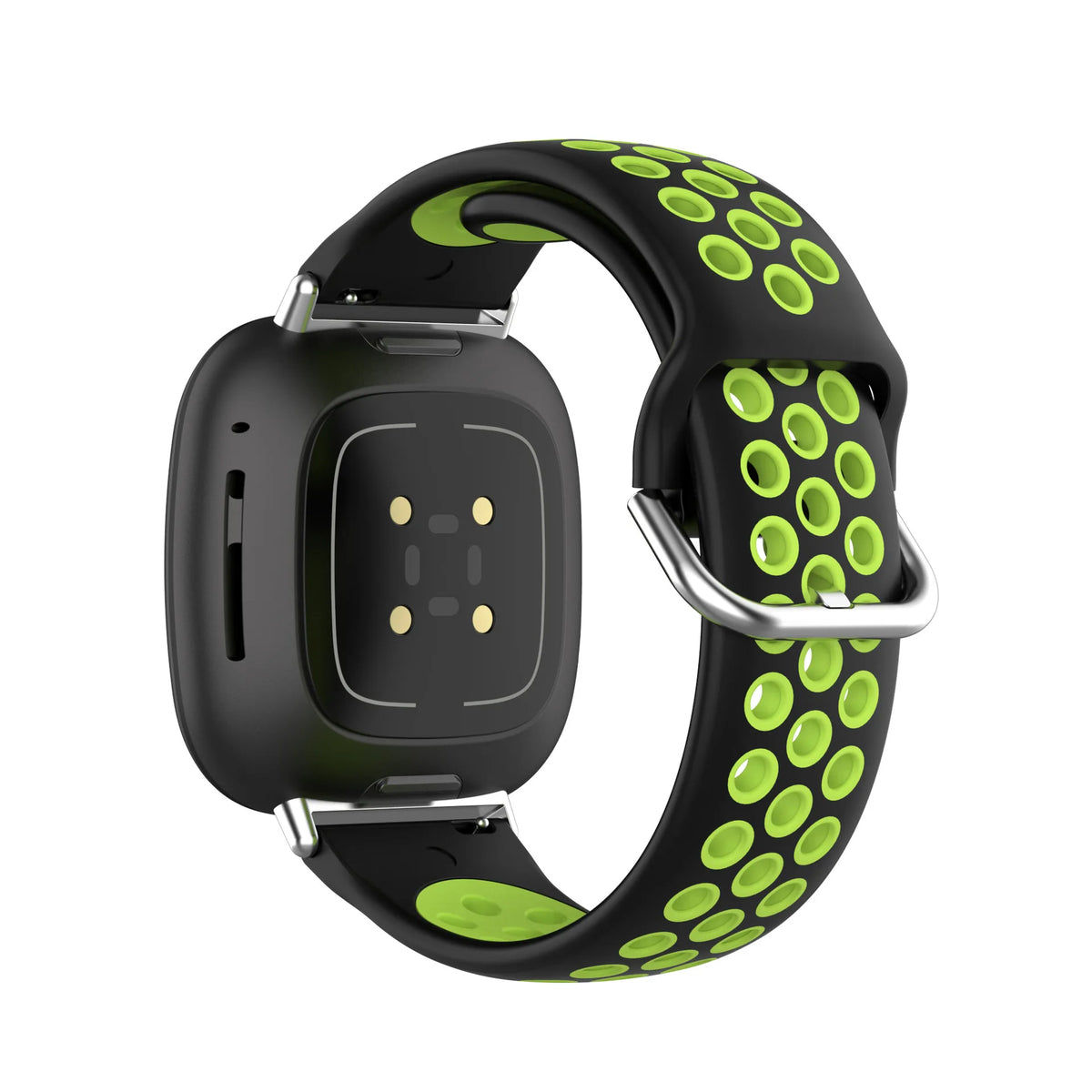 Black silicone sport watch band with neon green circular pattern and metal buckle