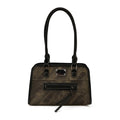 Large capacity soft brown leather tote bag with black trim, front zip pocket, and shoulder straps. Women's trunk bag.