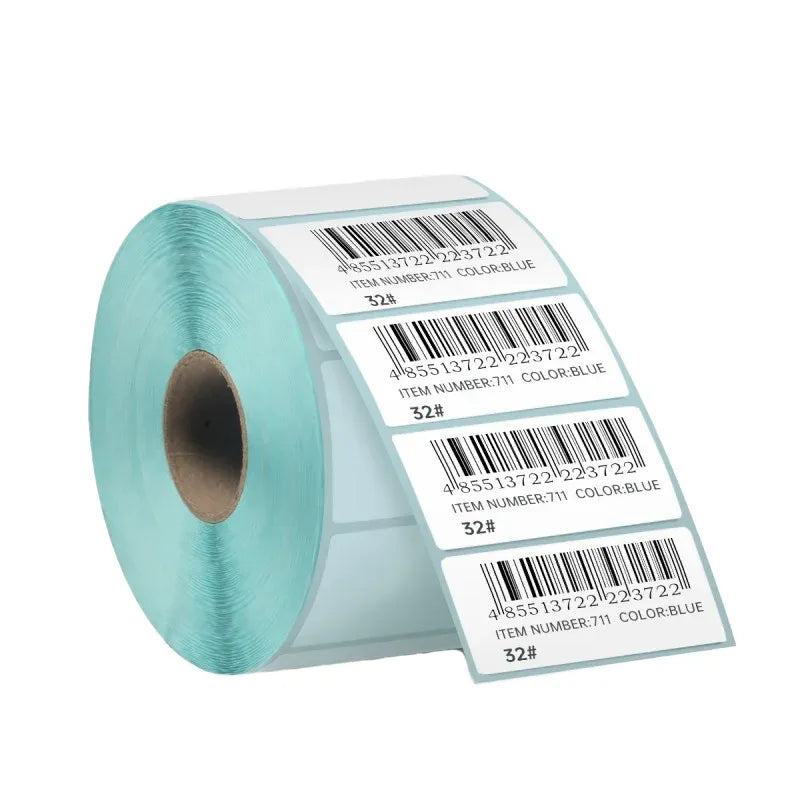 Blue-green thermal label sticker roll with barcode labels and item number tags