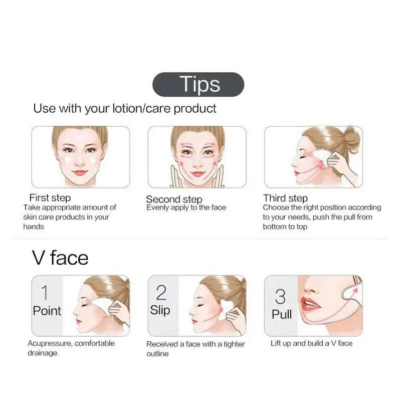 Instructional graphic showing how to use a heart-shaped, pink rose quartz Gua Sha tool for facial massage and lifting.