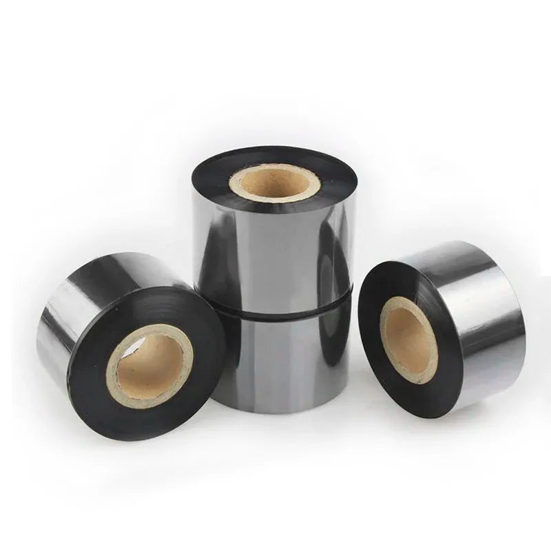 Silver and black wax thermal transfer ribbon rolls with black cores