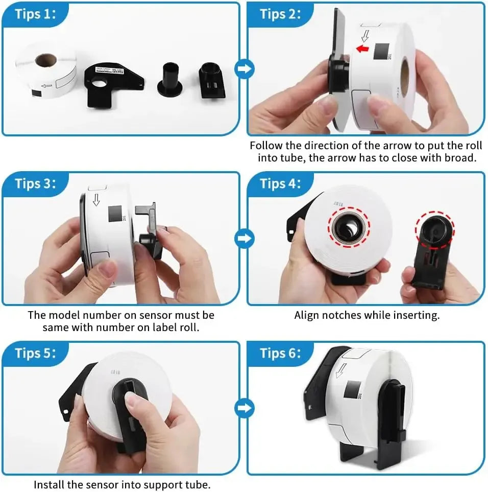 Label tape roll installation guide with step-by-step loading instructions