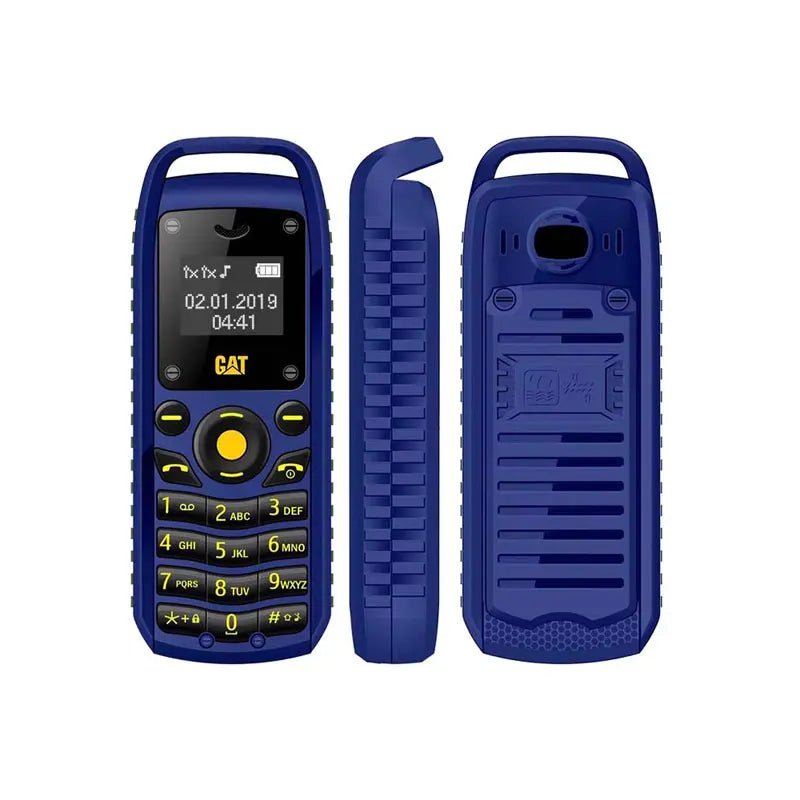 UNIWA B25 blue mini 2G phone, front, side, back views, 0.66-inch display, keypad, unlocked dual SIM mobile device.