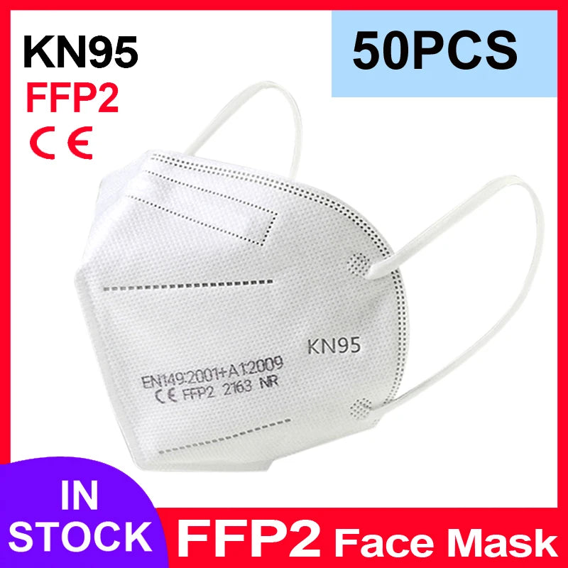 White 5-layer KN95 FFP2 face mask with textured fabric, ear loops, and CE certification print on a white background.