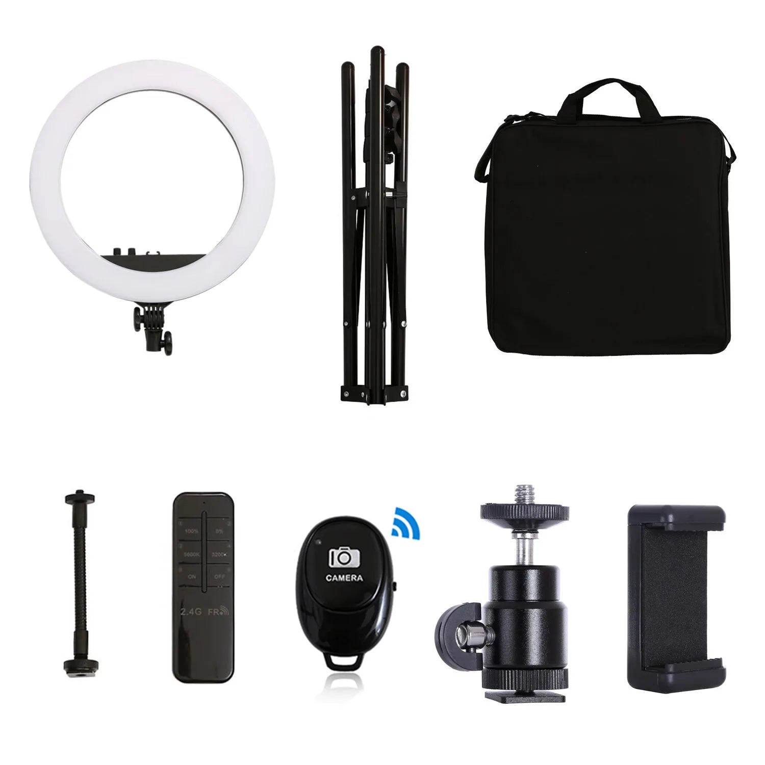 Ring light kit with circular lamp, folding tripod, black carrying bag, remote controls, ball head, and phone mount.