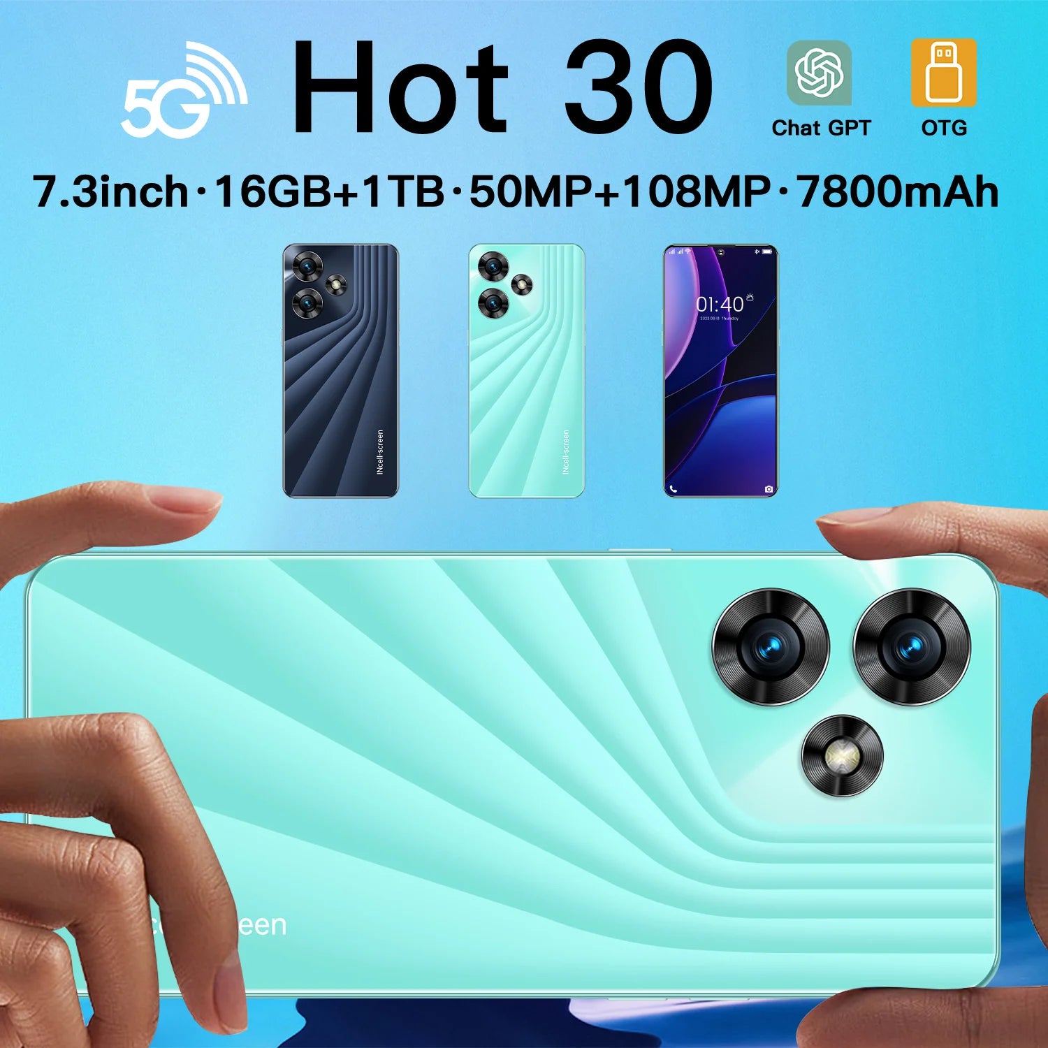 Unlocked 5G Smartphone 7.3 Inch OLED, 16GB RAM, 1TB Storage - Green Tidesmit