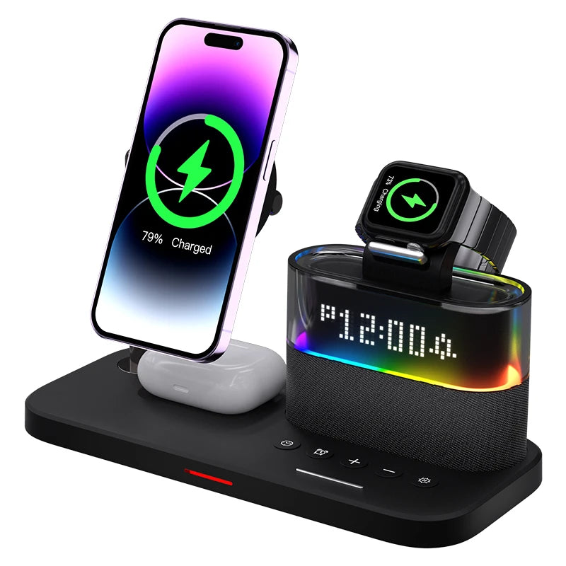 Smart Gedgets Desk Multifunctional Charger Station RGB 3 in 1 Wireless Charger Custom Logo With Night Light Digital Alarm Clock Tidesmit