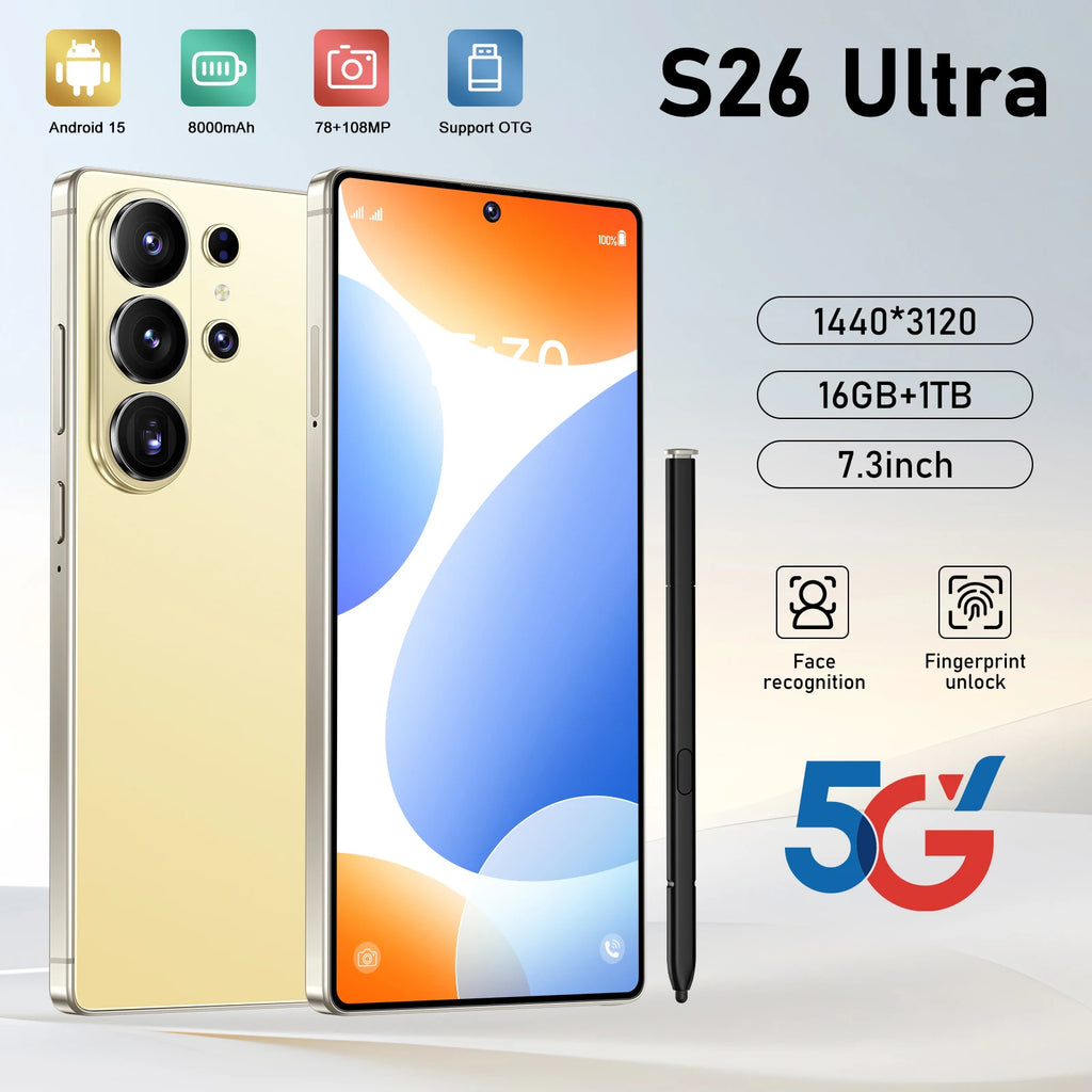 S26 Ultra 5G Smartphone, 22GB RAM, 2TB Storage, 108MP Camera Tidesmit