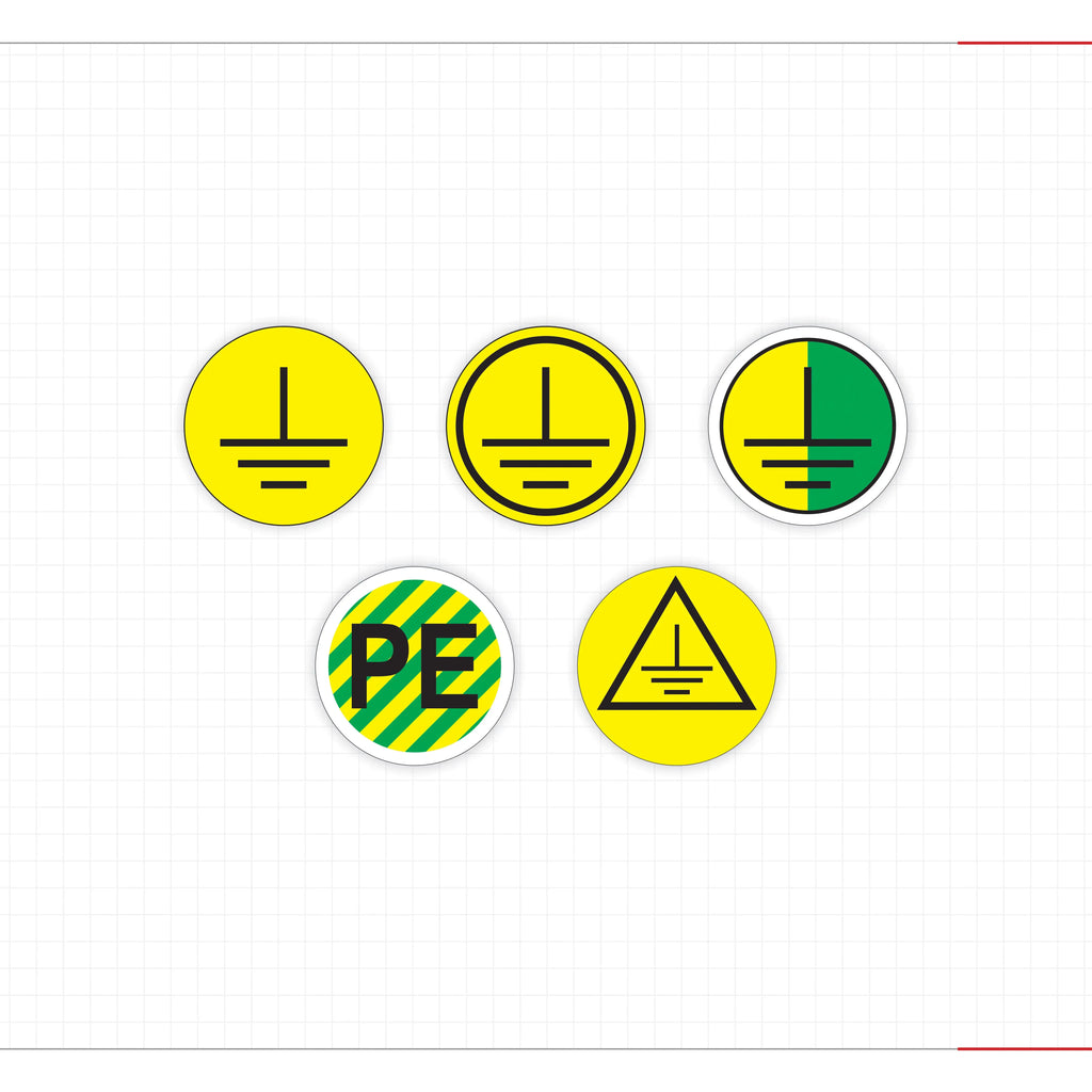 Set of circular decals: grounding symbol, PE marking, and hazard triangle icons