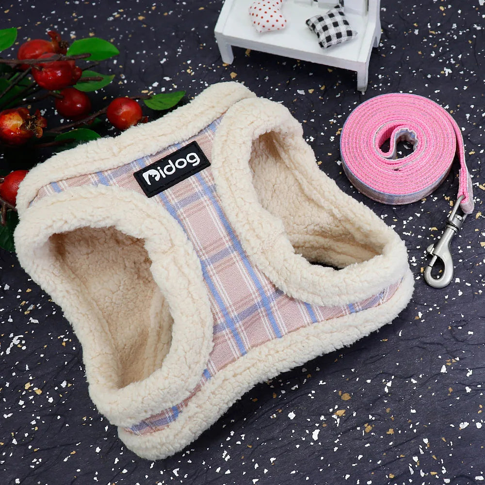 Soft plaid winter dog harness and leash set with warm sherpa lining for small pets, no-pull, adjustable vest.