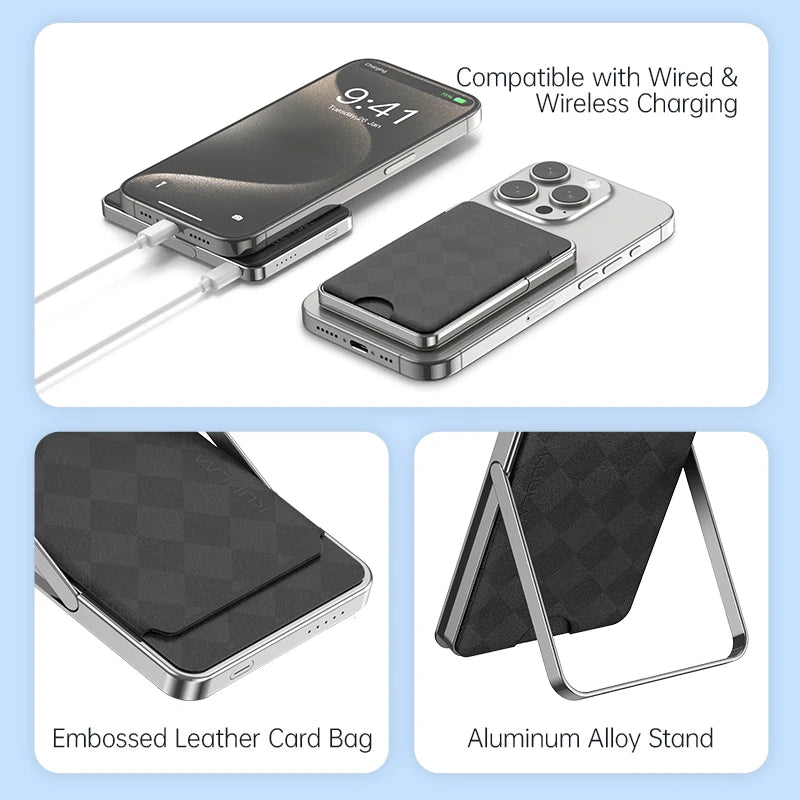 Power bank charger-[Stock]Portable Wireless Magnetic Mobile Power Bank 5000 Mah Ultra Slim Phone 5000Mah Charger Power Bank With Stand and Card Bag Tidesmit