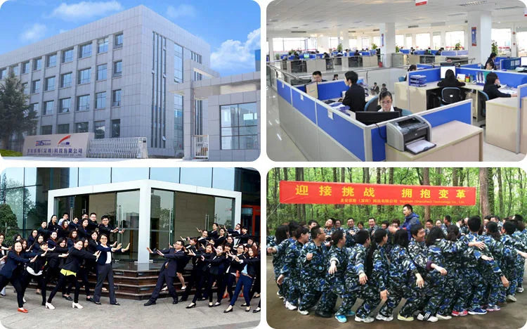 Packaging facility exterior and group photo with workers in uniforms