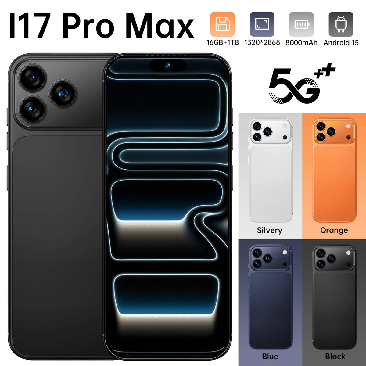 Black smartphone with blue-lit curved display and triple rear cameras.