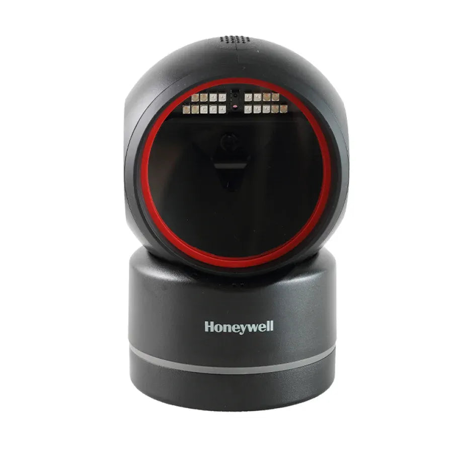Black Honeywell area-imaging USB barcode scanner front view with red scan ring