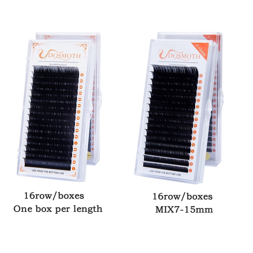 Two plastic cases of 16 rows of black synthetic eyelash extensions for professional application.