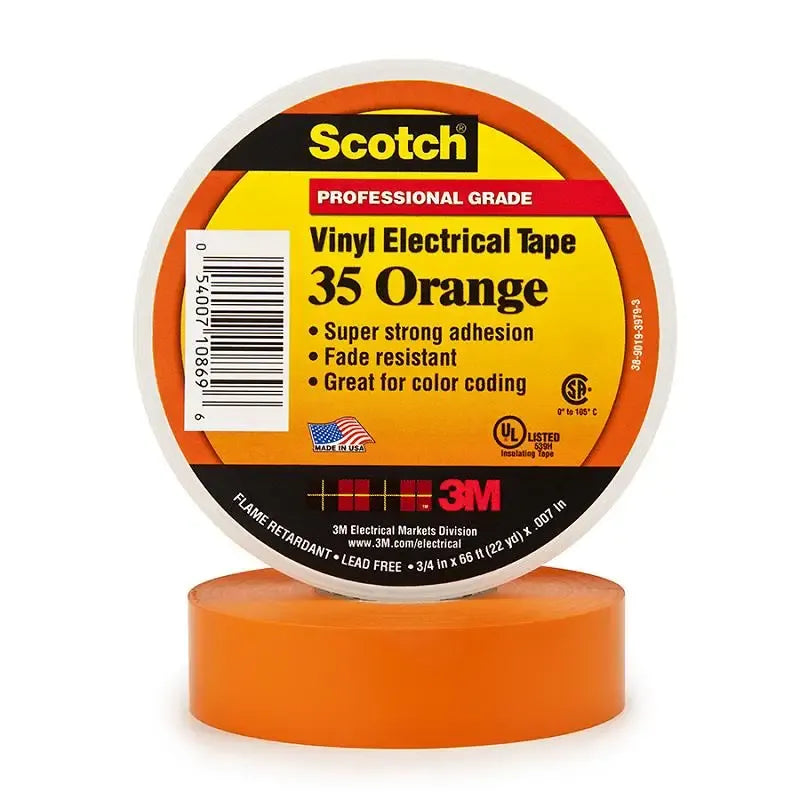 Vinyl electrical tape roll in orange, PVC insulation, pressure-sensitive, 19 mm width