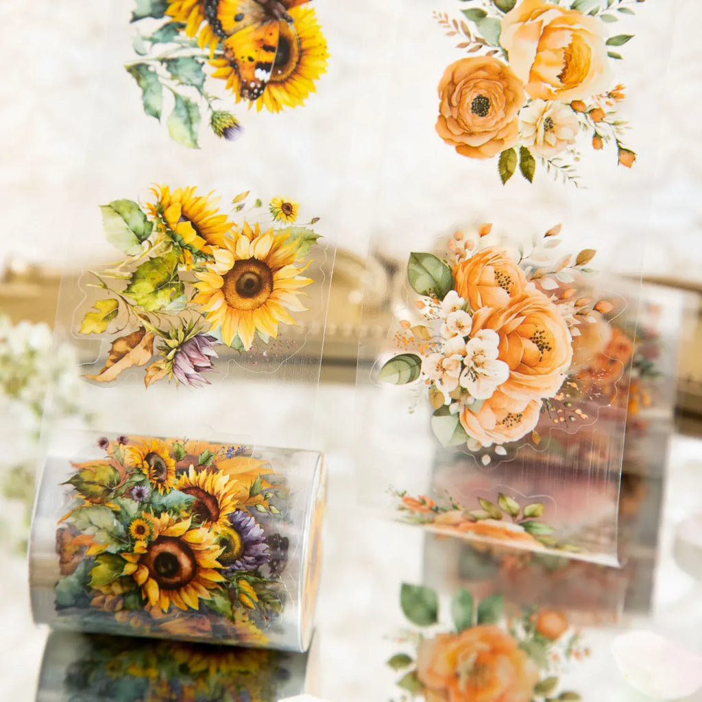 Transparent floral masking tape with sunflowers and bouquets in warm orange and green
