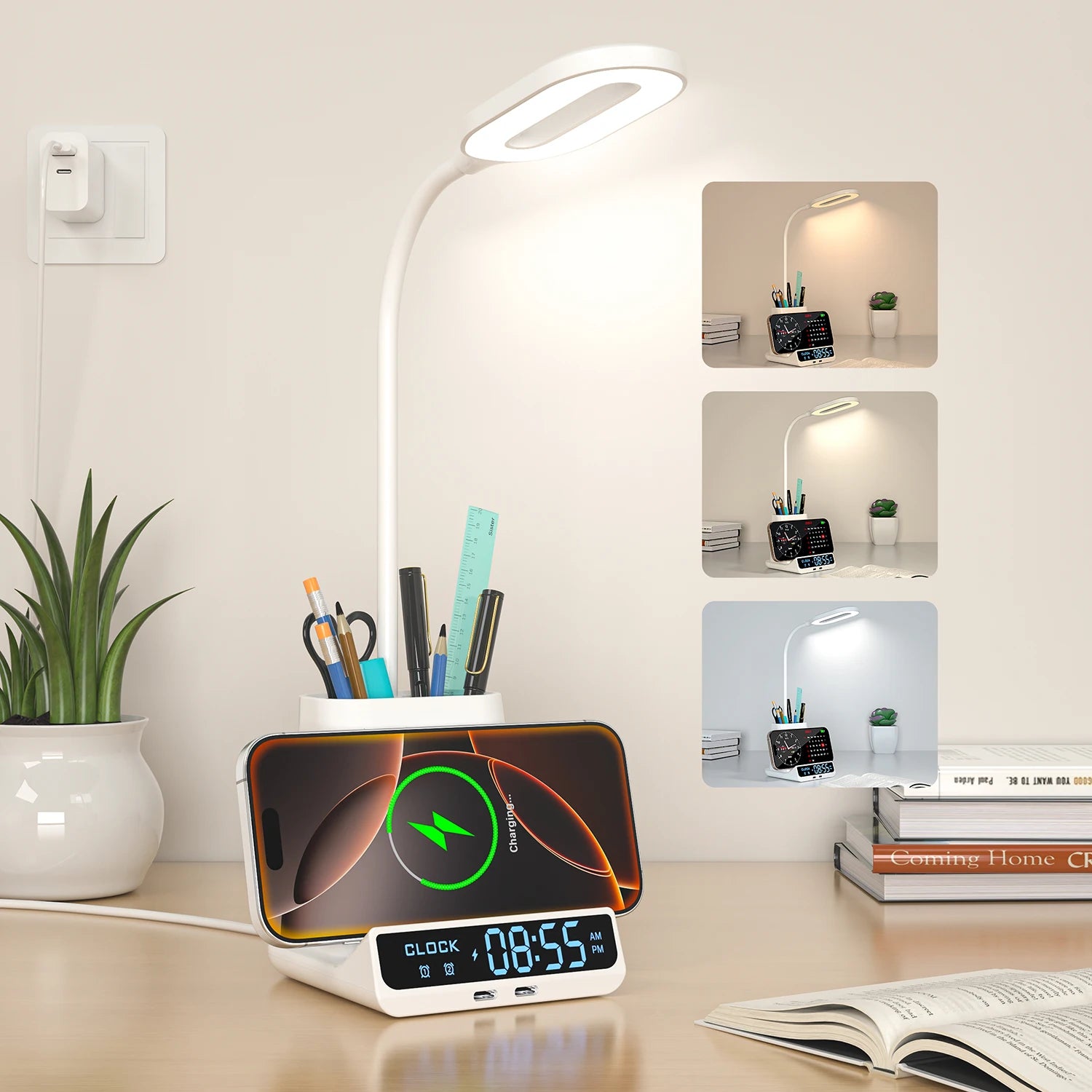 New Arrival 5-in-1 Multifunctional Wireless Charger Desk Lamp with Pen Holder Clock Display Sleek Design for Home Office Tidesmit