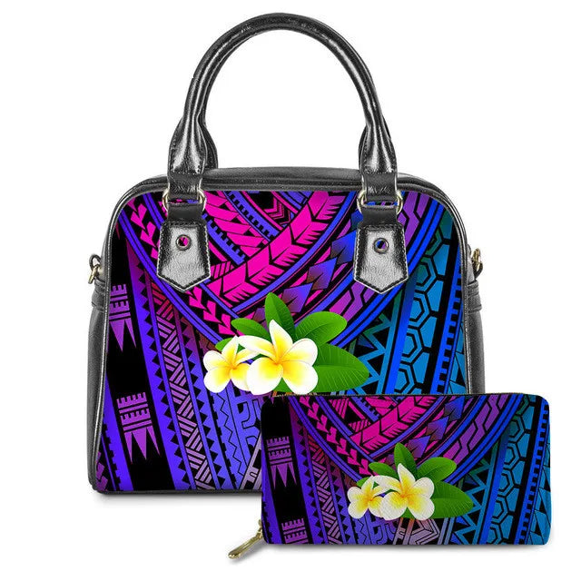 Vintage PU leather handbag and wallet set with vibrant Polynesian tribal print, blue-pink gradient, and plumeria.