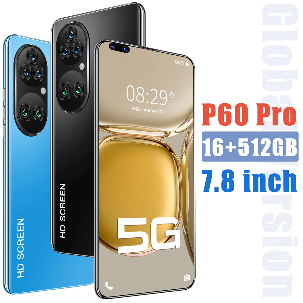 New P60 Pro 7.8 Inch 10 Core Smart Phone 16GB+512GB 4K HD GPS Navigation 5G Android SmartPhone 40+48MP Game Mobile Phone - Tidesmit