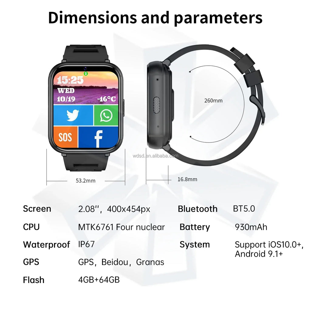4g Smart Watch Fitness Clock Android Music with Camera Radio Metal Oem Ips Q668 Full Screen Sport Waterproof Mini Phone Black - Tidesmit