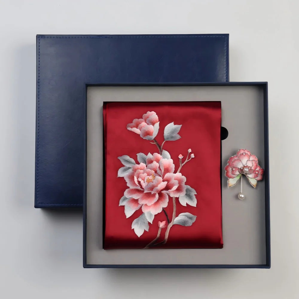 Classic Oriental Gift Set: Embroidered Silk Scarf with Brooch