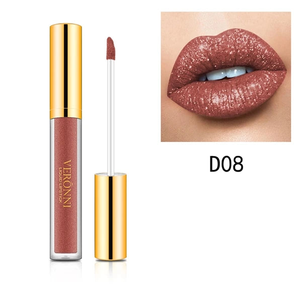 Diamond shimmer liquid lipstick in shade D08, a waterproof, glittery mauve-nude lip makeup with a pearl finish.