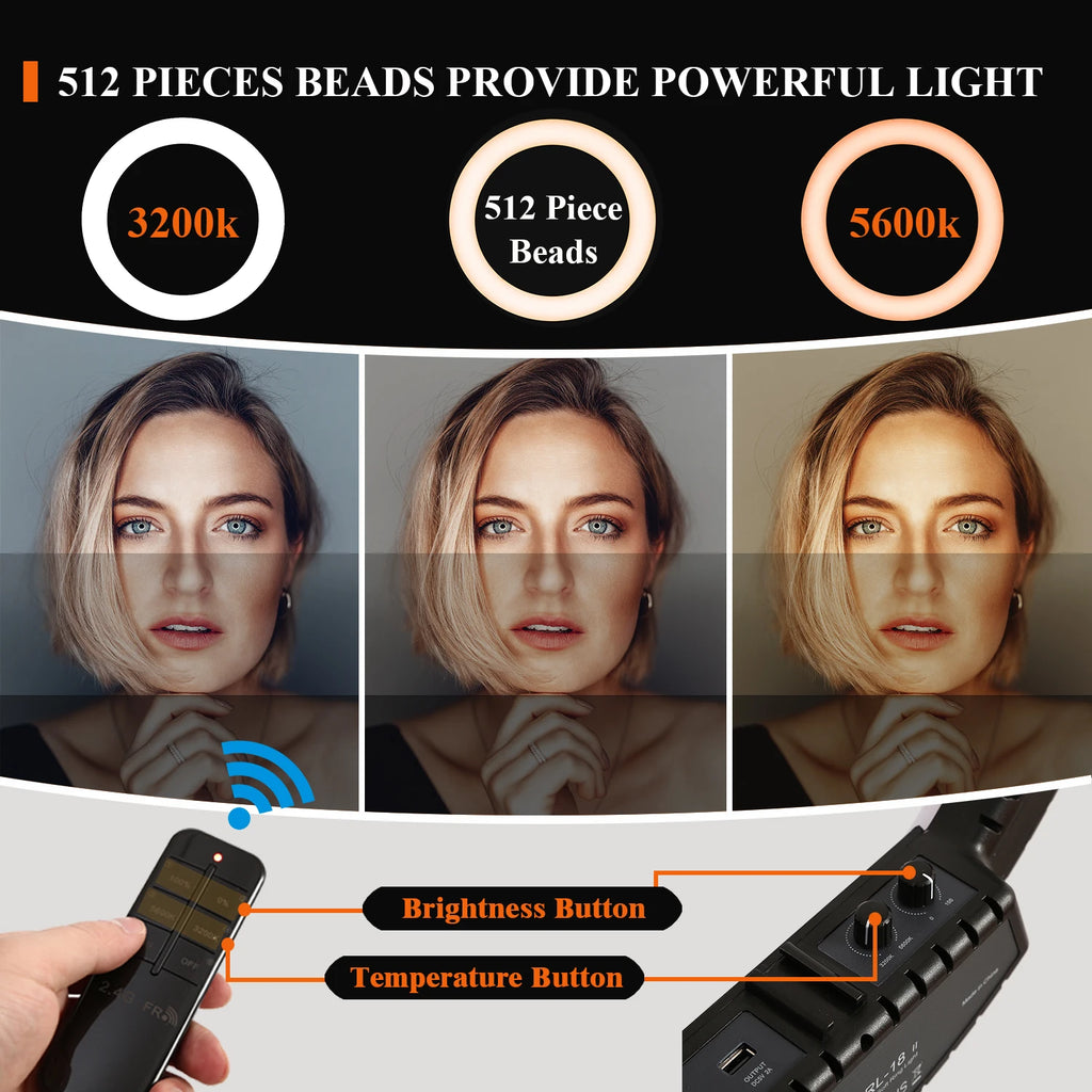 Round LED ring light with 512 beads, remote control, and adjustable color temperature for photography and videography.