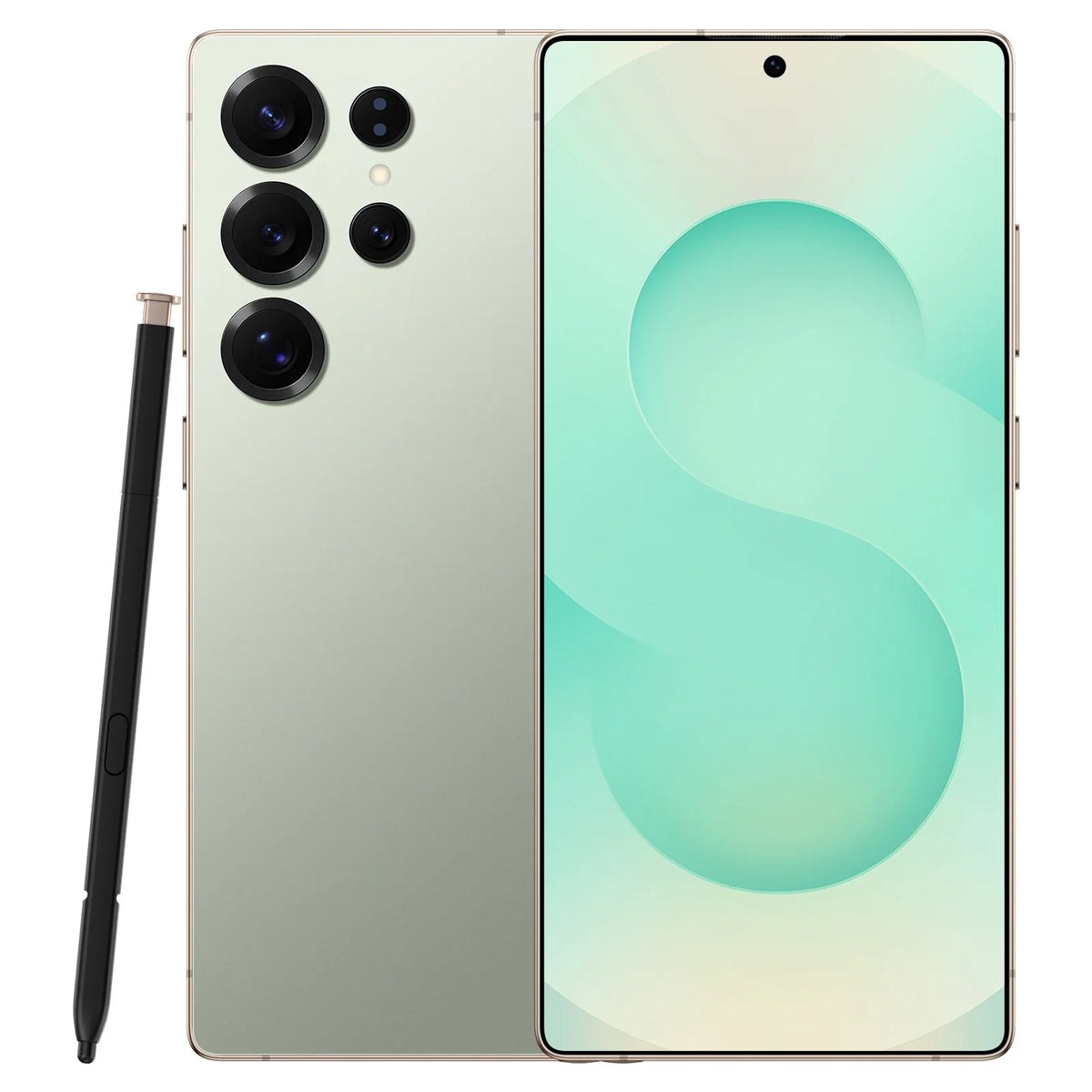 Teal/green smartphone with triple rear cameras and front display screen, stylus included