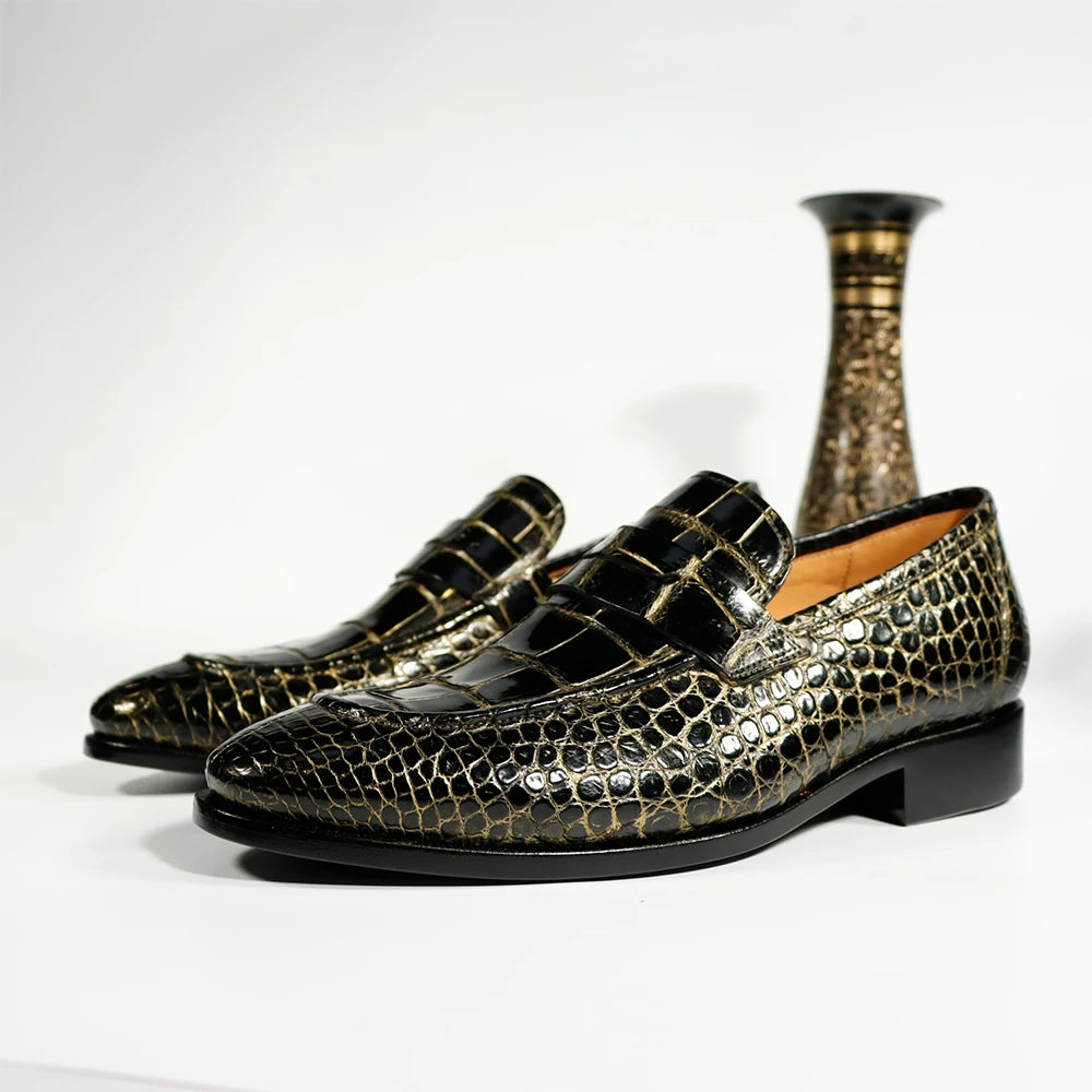 Trendy Genuine Crocodile Leather Shoes Black Gold Loafers Men Wedding Party Footwear Casual Shoes Slip-on Men's Dress Shoes