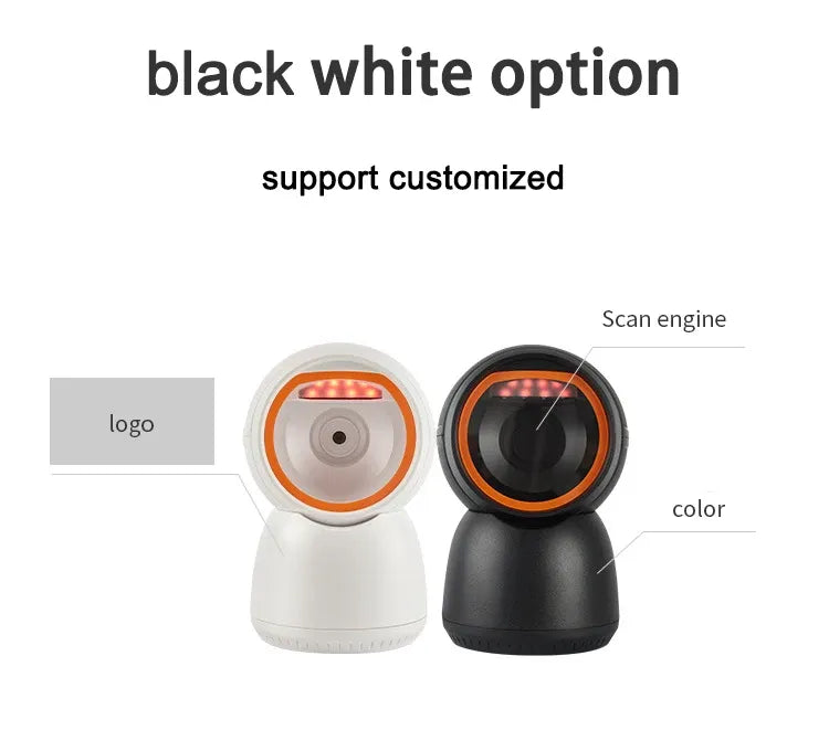 Desktop barcode and QR code scanner set: white and black models with ring lights