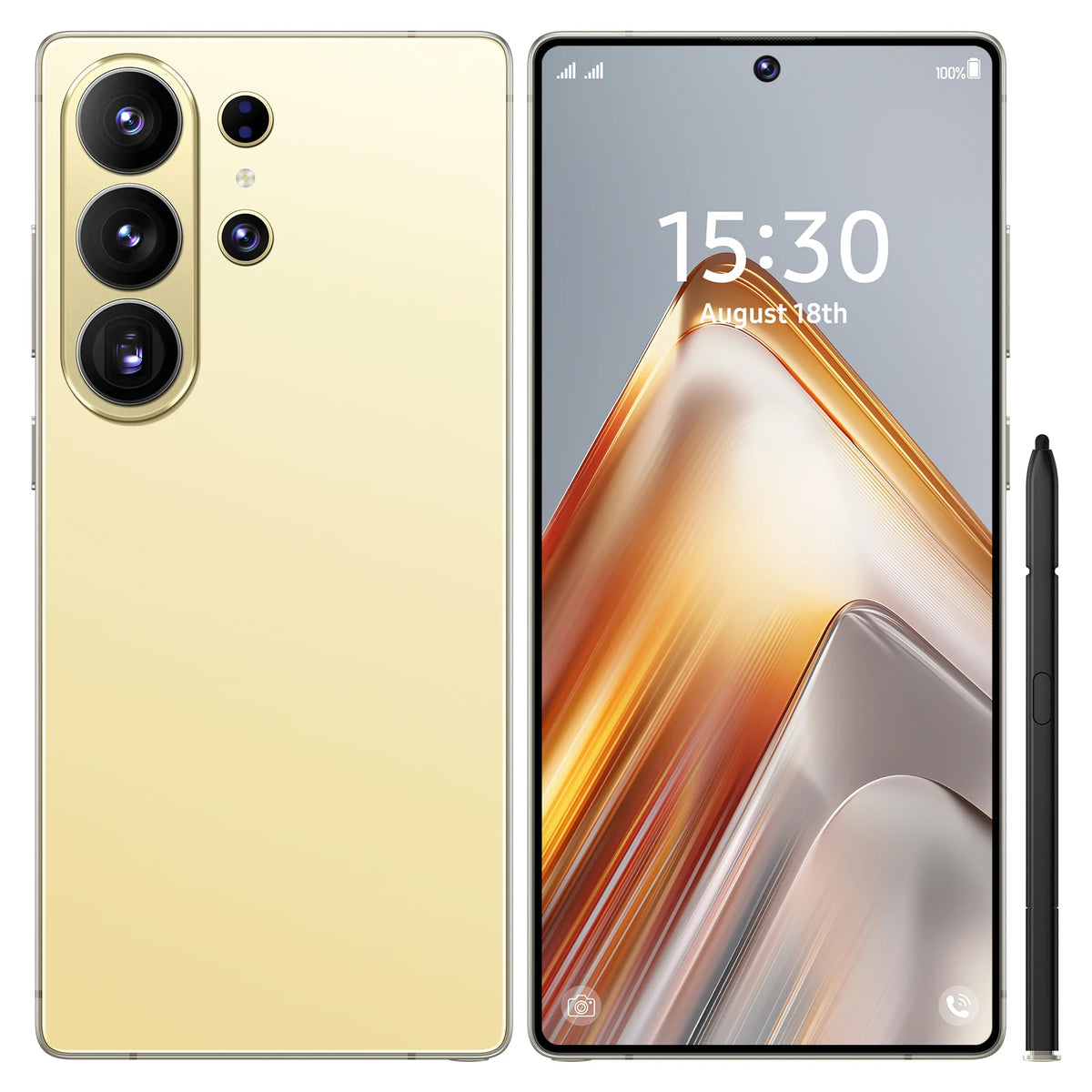 Champagne smartphone with triple rear cameras and front display, plus side button and stylus.