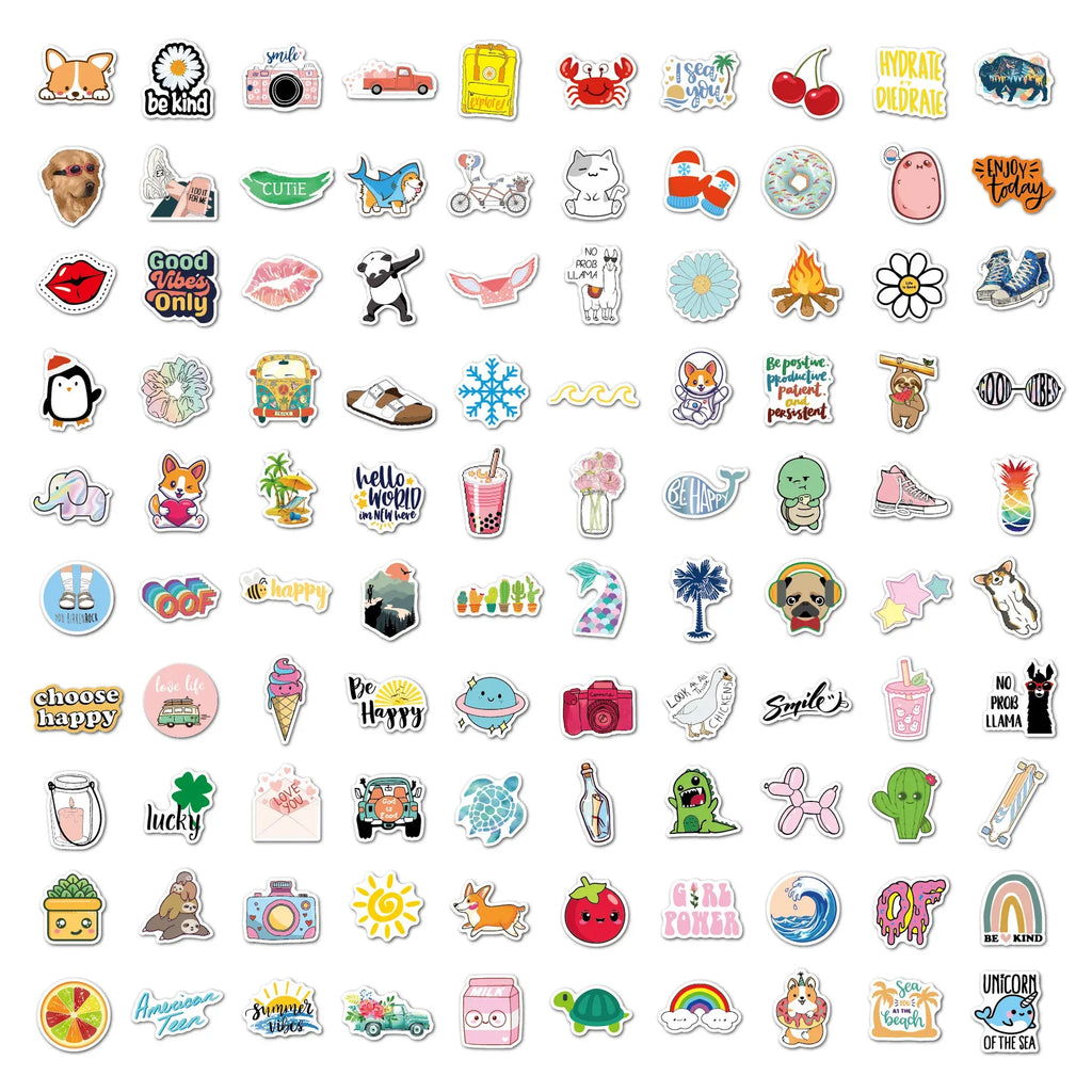 Large set of waterproof stickers with hearts, animals, and travel-themed icons