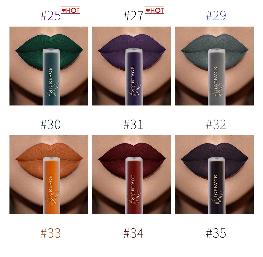 NICEFACE velvet matte liquid lipstick set featuring bold pigmented shades and waterproof long-wear lip cream swatches.