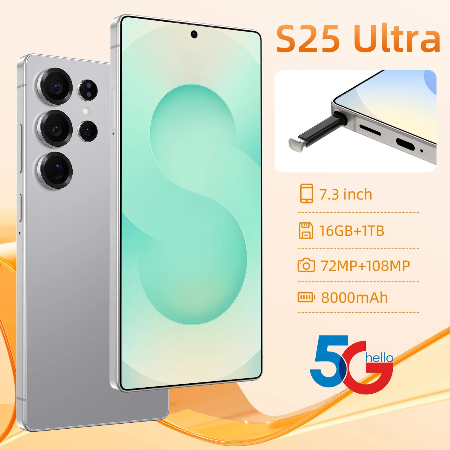 Tidesmit 2025 S25 Ultra 5G Android phone with 7-inch LED display, built-in pen, and 108MP camera.