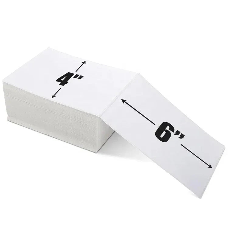 4 in by 6 in thermal label fanfold stack with dimension arrows on label sheets