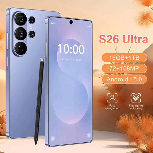 Tidesmit S26 Ultra 5G smartphone showing the expansive 7.3 inch HD display and sleek premium device design.