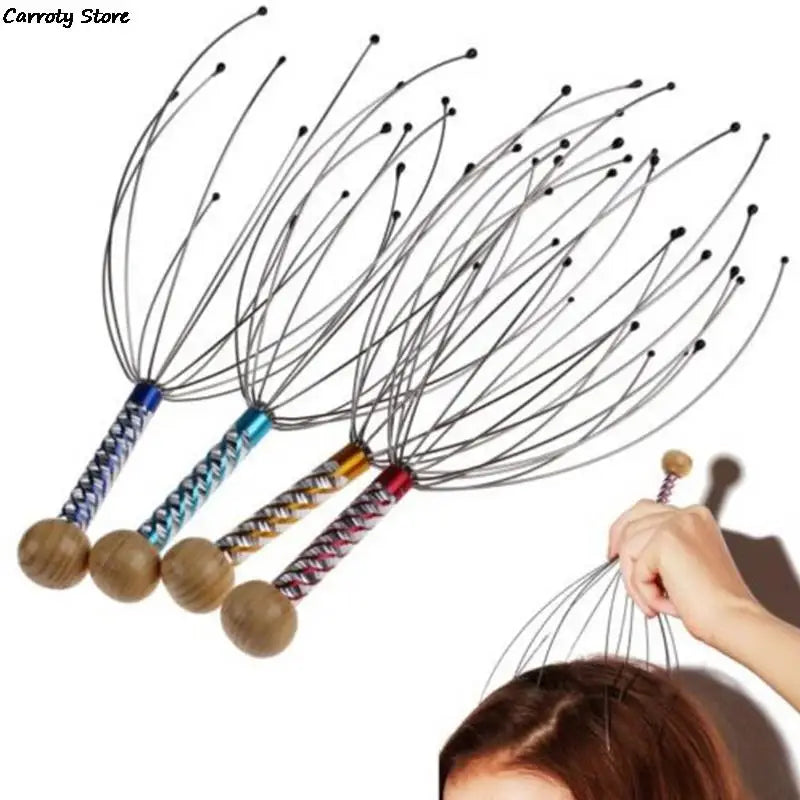 Handheld octopus scalp massagers with colorful metal handles and wire prongs for headache relief and stress reduction.