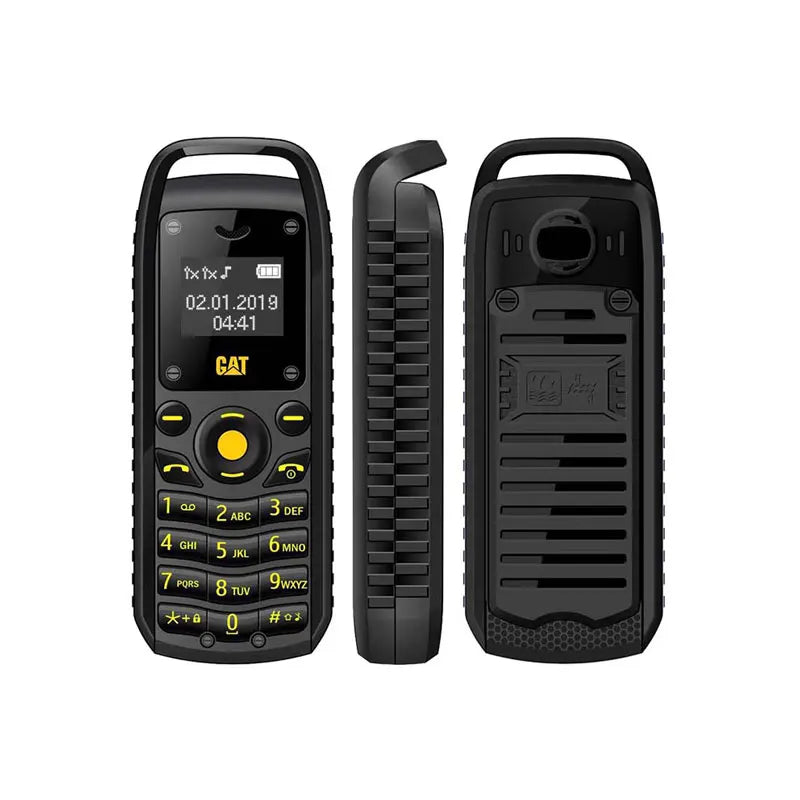 Black UNIWA B25 super mini 2G phone, front and back views, 0.66-inch screen, keypad, and dual SIM mobile design.